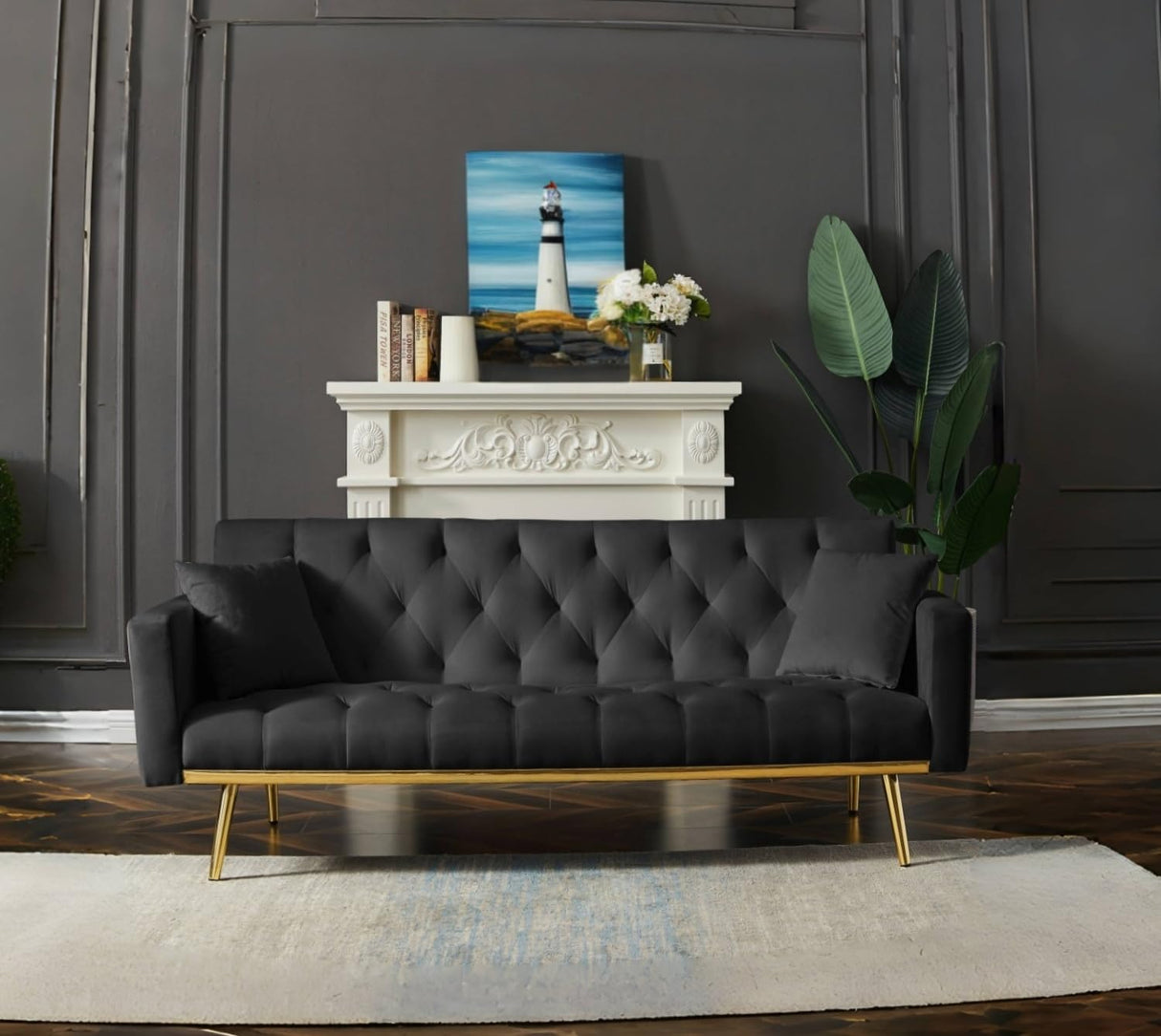 73" Modern Velvet Sofa Bed Futon,Convertible Sleeper Sofa Couch with 3 Angle Adjustable Backrest, Modern Loveseat with 4 Golden Metal Legs for Living Room and Bedroom (Black) oaaktu