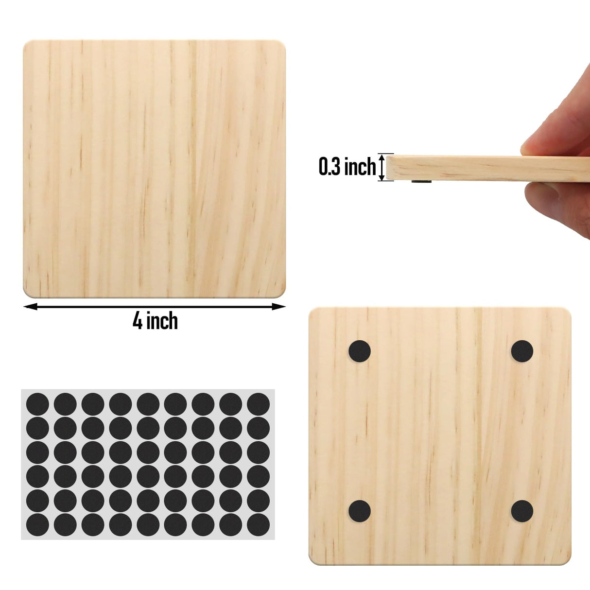 24 PCS Unfinished Square Wood Coasters, SIJDIEE 4 Inch Blank Wooden Craft Coasters with Non-Slip Foam Pad Stickers for DIY Stained Painting Wood Engraving Home Decoration Supplies SIJDIEE