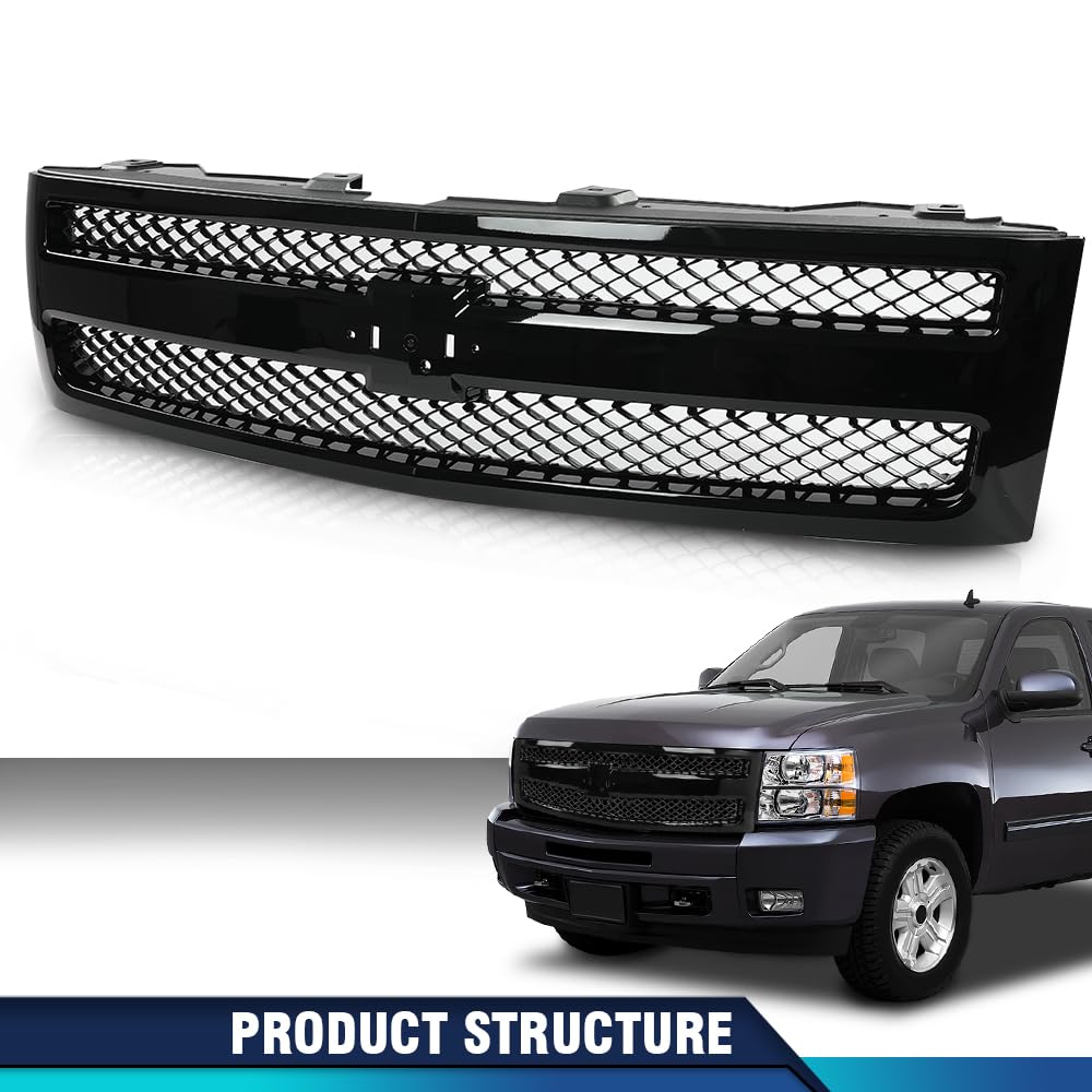 PIT66 Front Grille Grill Textured Black Compatible with Chevy Silverado 1500 LS LT LTZ WT 2007-2013 /Silverado 1500 Hybrid 2009-2013/ Silverado 1500 XFE 2010-2013 GM1200578 25810706 PIT66