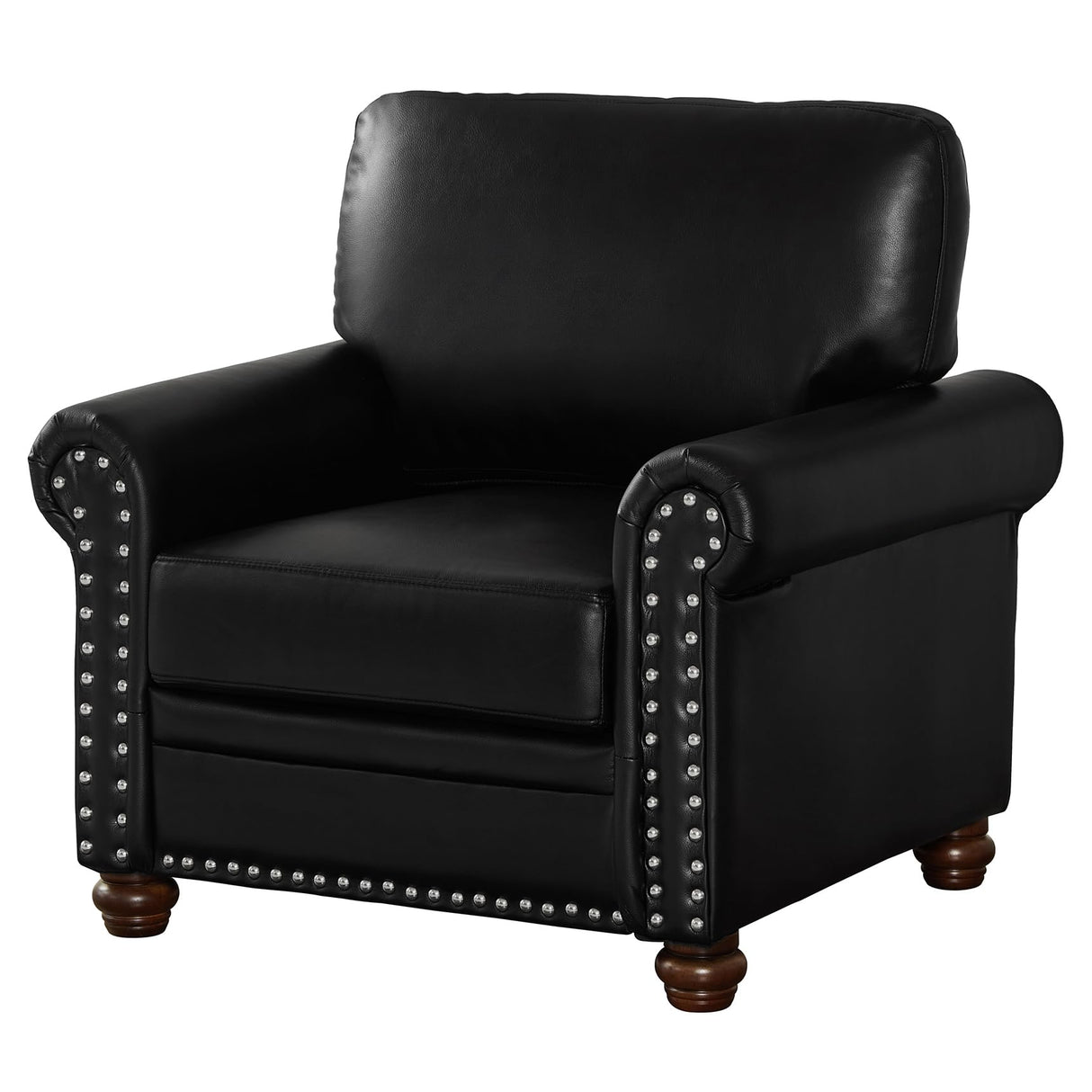 Lunanniu 35" Faux Leather Pu Armchair Classic Vegan Leather Accent Chair Elegance Single Seat with Rolled Armrests Nailhead Trim Wood Legs Traditional Living Room 1 Seat-Black Lunanniu