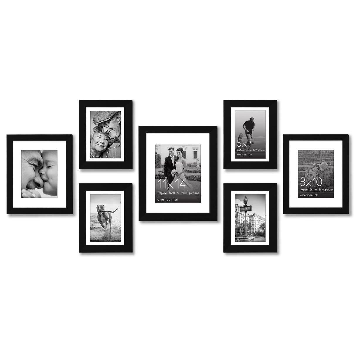 Americanflat 7 Pack Black Gallery Wall Frame Set - Includes One 11x14 Frame, Two 8x10 Frames, and Four 5x7 Frames - Picture Frames Collage Wall Decor with Shatter Resistant Glass and Hanging Hardware Americanflat