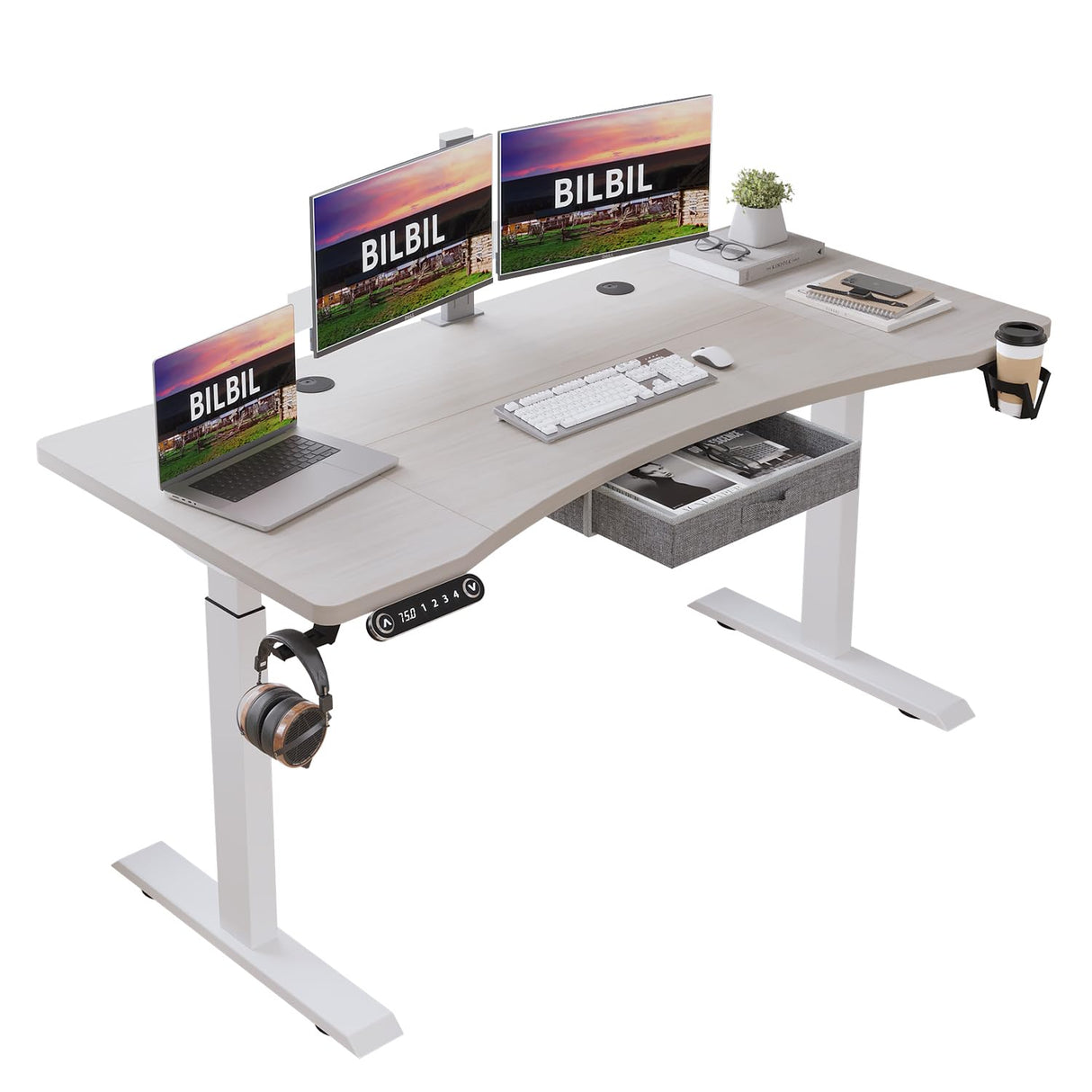 bilbil 63x30 Inches Dual Motor Electric Standing Desk with Drawer, Height Adjustable Sit Stand Up Desk with 4 Splice Boards, Home Office Desk Computer Workstation with Pale Pearwood Top/White Frame bilbil