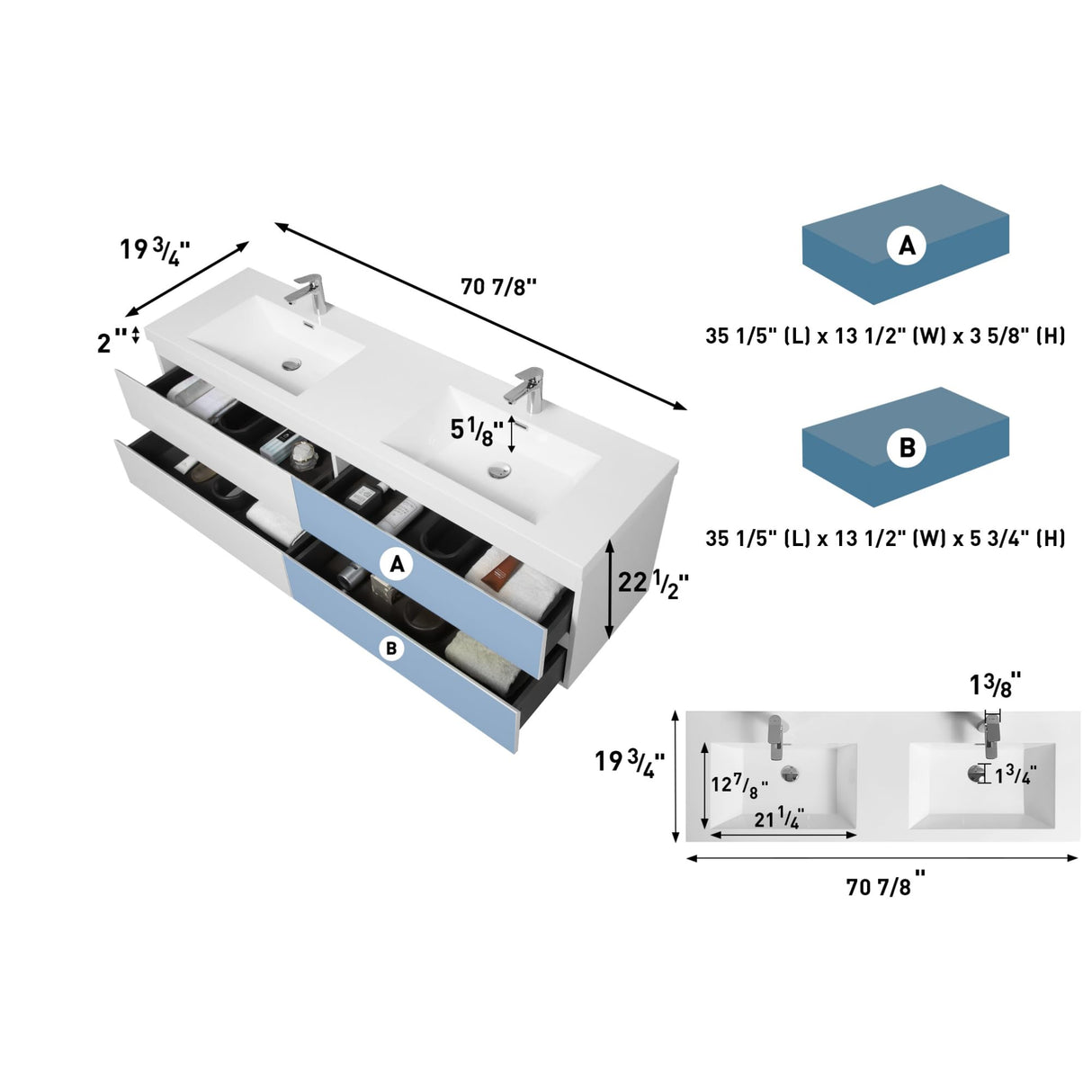 KEIKI 72" Floating Bathroom Vanity with Double Sink, Wall Mounted Bathroom Storage Vanity Cabinet Modern Bathroom Vanities with 2 Resin Top Basin and 4 Soft Close Drawers, Easy Assembly, Glossy White KEIKI
