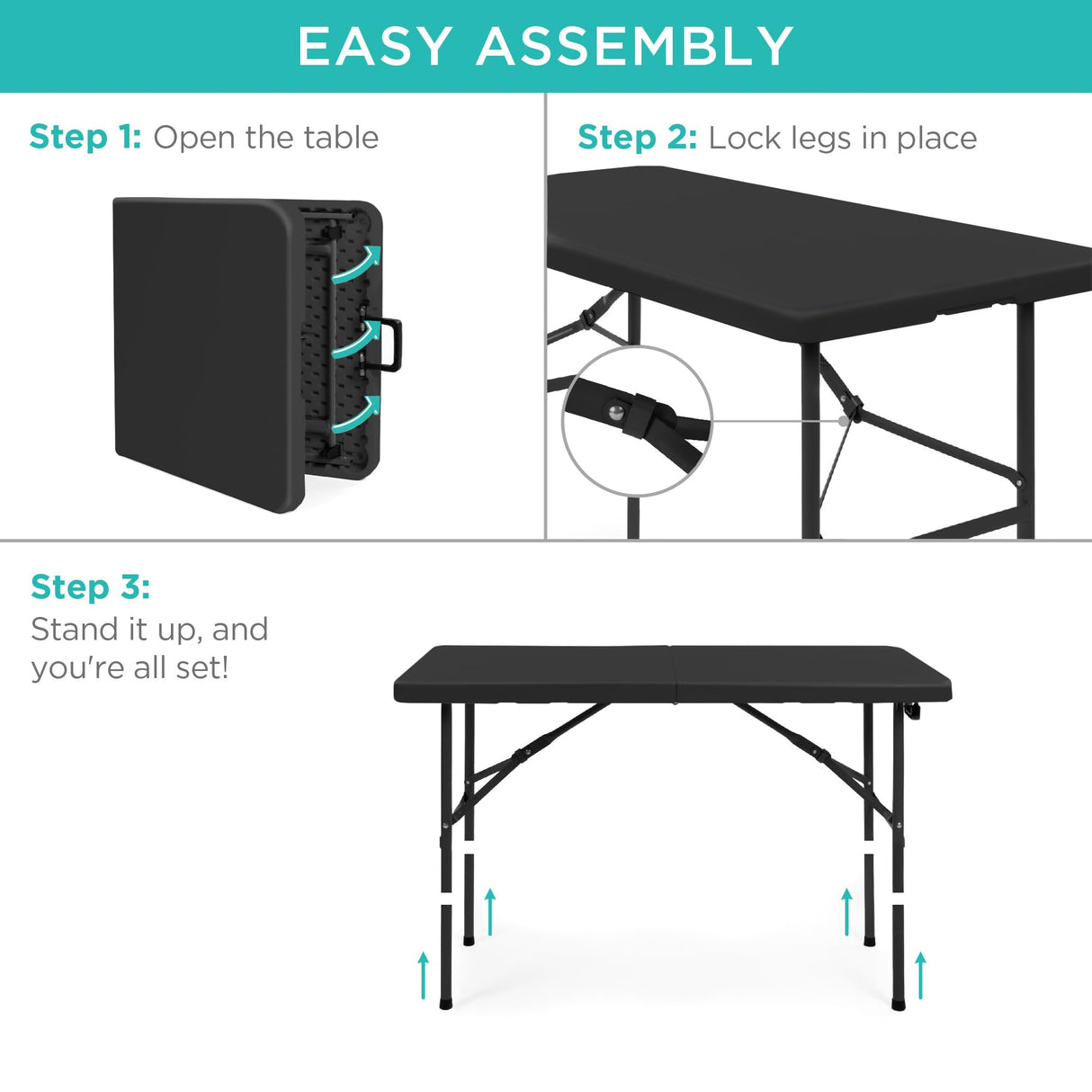 Best Choice Products 4ft Plastic Folding Table, Indoor Outdoor Heavy Duty Portable w/Handle, Lock for Picnic, Party, Camping - Black Best Choice Products