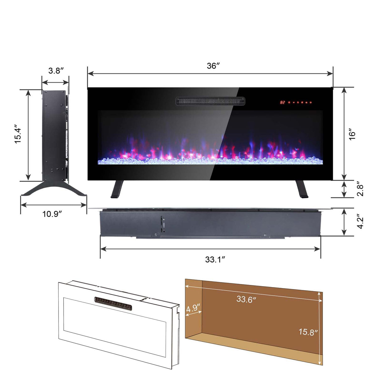 36 Inch Ultra-Thin Electric Fireplace, Recessed and Wall Mounted Fireplace, LED Light Heater with Remote Control, Tempered Glass Front Electric Fireplace with Multi Color Flame & Emberbed (36 inch) FTOPBTB