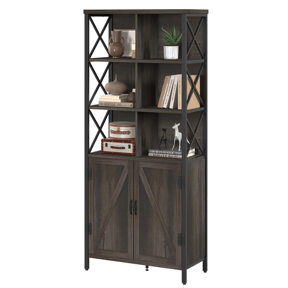 FATORRI Rustic Wood Bookshelf with Doors and Cabinet – Industrial Tall Bookcase in Walnut Brown FATORRI