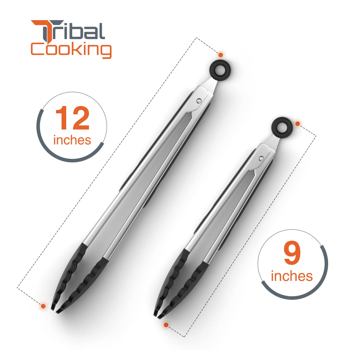 Tribal Cooking Kitchen Tongs with Silicone Tips - Stainless Steel tongs for cooking - 9" and 12" Tongs With Silicone Rubber Grips, Small and Large - Metal BBQ Tongs with Locking Tribal Cooking