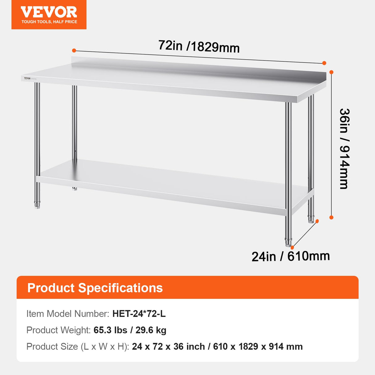 VEVOR 24 x 72 x 36 Inch Stainless Steel Work Table, Commercial Food Prep Worktable Heavy Duty Prep Worktable, Metal Work Table with Adjustable Height for Restaurant, Home and Hotel VEVOR
