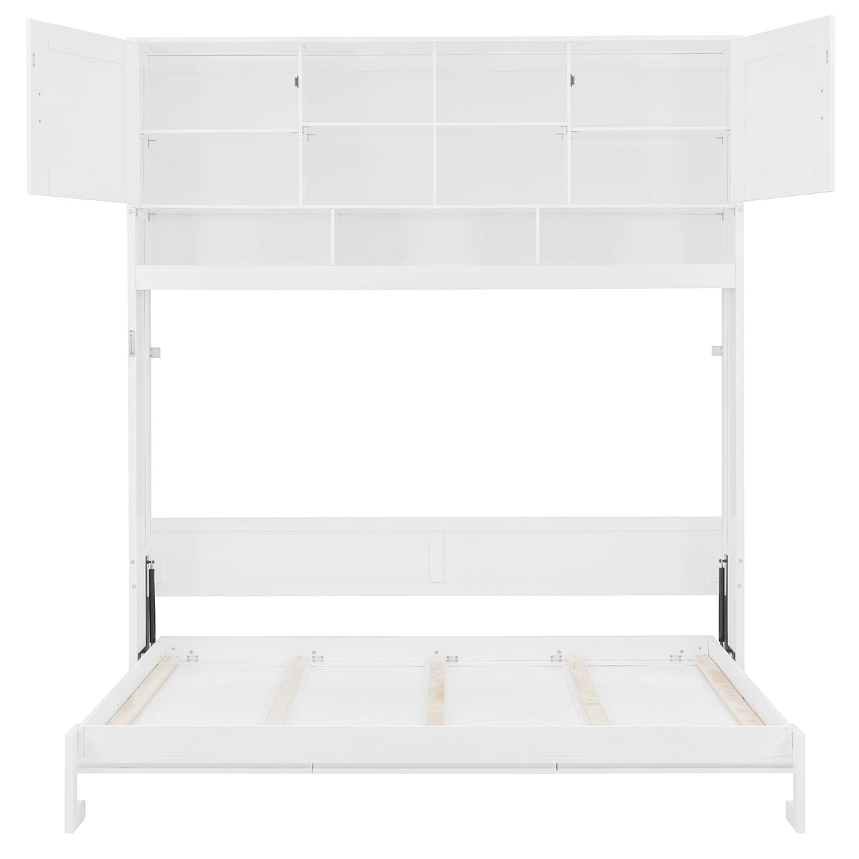 Merax Queen Size Murphy Bed with Ample Storage Shelves, Horizontal Murphy Wall Bed with Diamond Stripes, No Box Spring Needed, White Merax