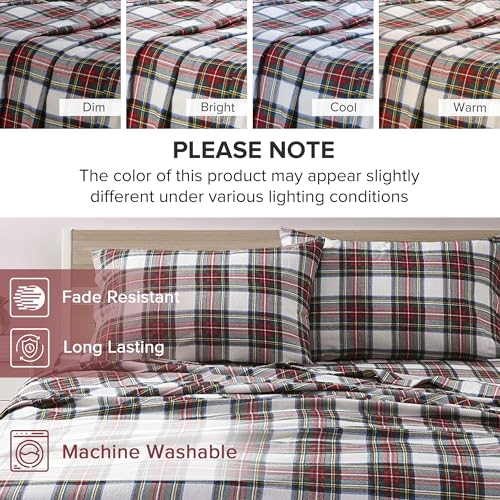 Comfort Spaces Cotton Flannel Sheets Twin Size, Ultra Soft Flannel Sheet Set with 12" Elastic Pocket , Plain Print Warm Flannel Bedding, Scottish Plaid Red 3 Piece Comfort Spaces