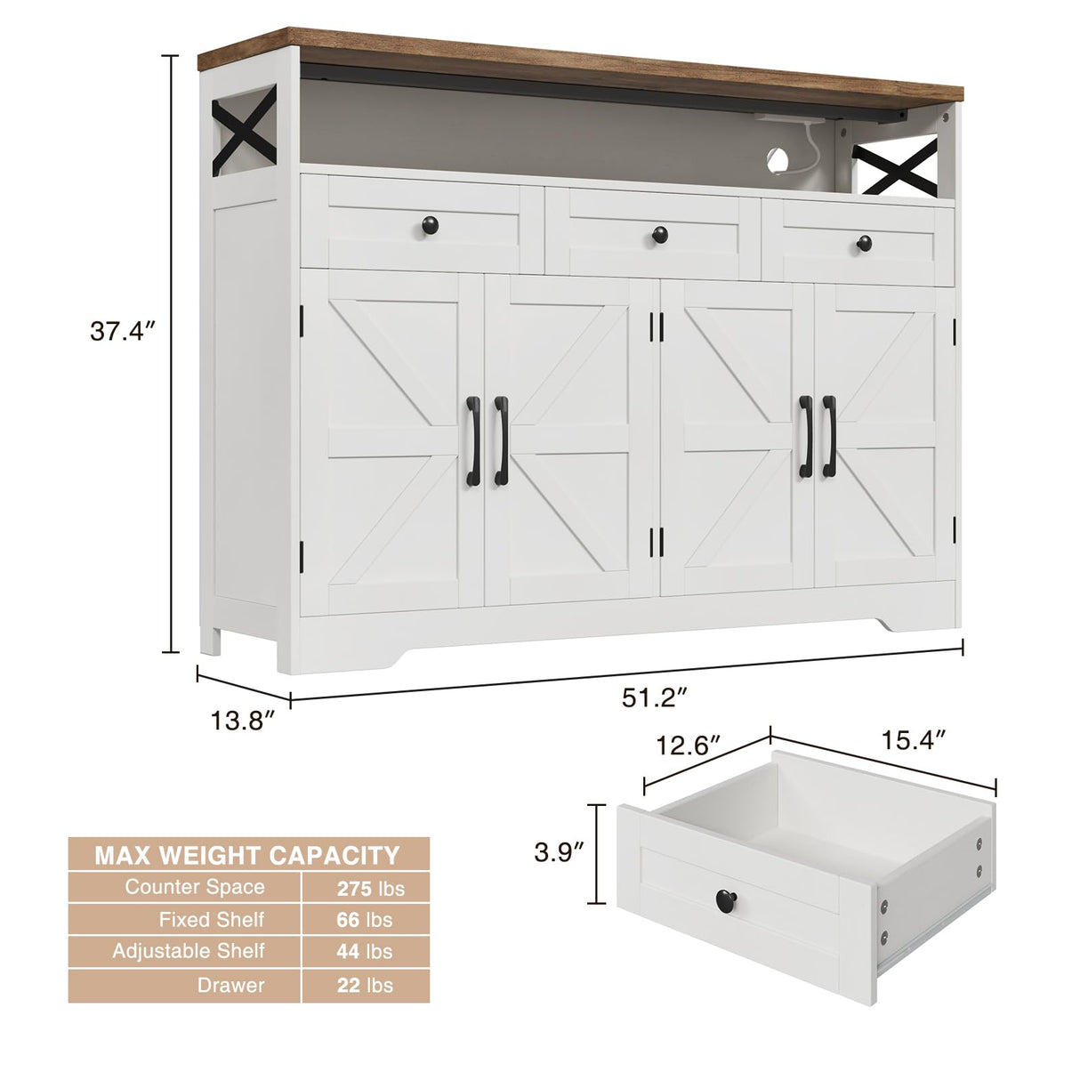 Befrases Farmhouse Buffet Cabinet with Drawers & Open Shelf, Sideboard Storage Cabinet, Kitchen Hutch Pantry, Wood Coffee Bar Station Cabinet for Kitchen, Dining Room, Hallway, 52" L White Befrases