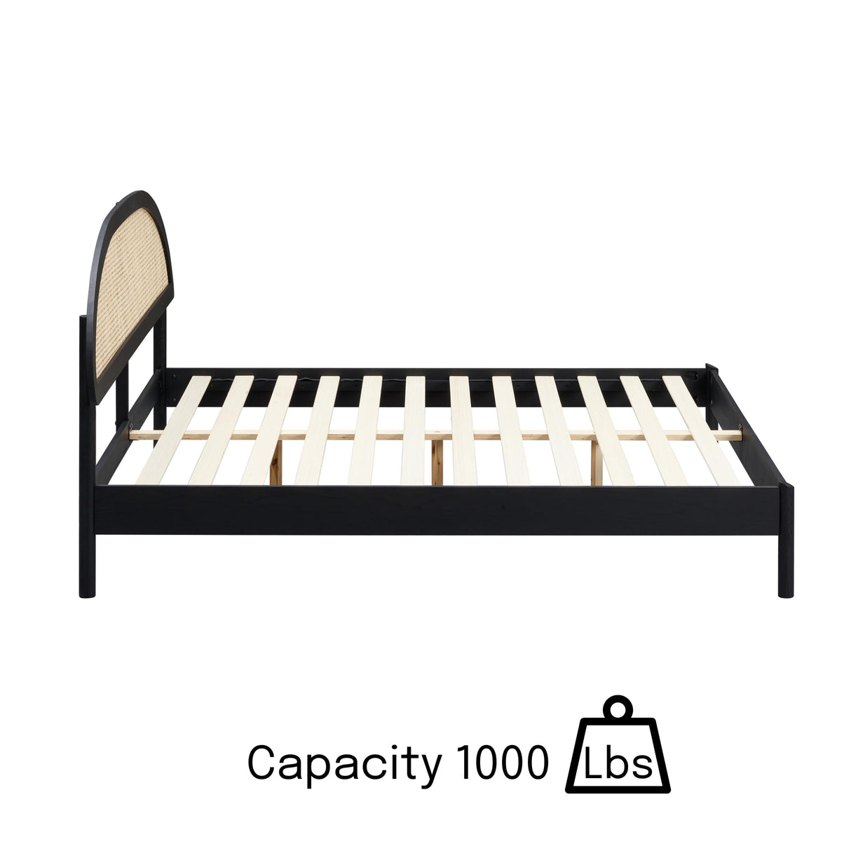 NTC Gem Wooden Bed Frame with Headboard and Natural Rattan, Solid Oak Foundation with Silent Slats, 1000 Lb Capacity, Effortless Assembly, King - Burnt Black NTC