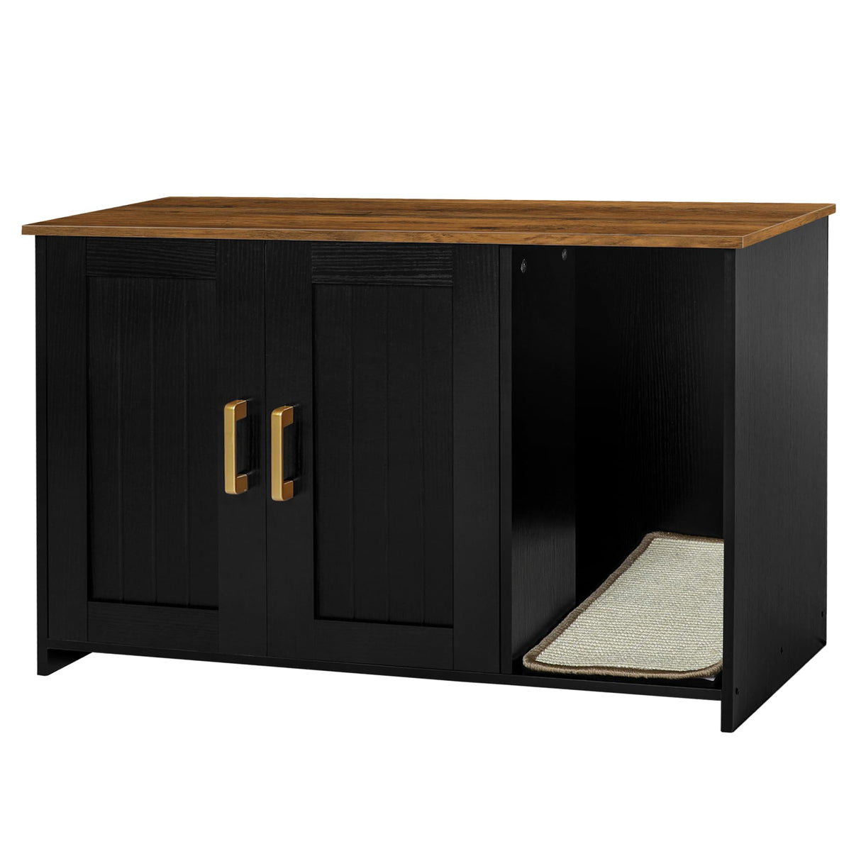 Dwanton Litter Box Enclosure, Cat Litter Box Furniture Hidden, with Scratching Mat, Wooden Cat Washroom Indoor, 31.5" L x 19.7" W x 21.7" H, Black and Warm Brown Dwanton