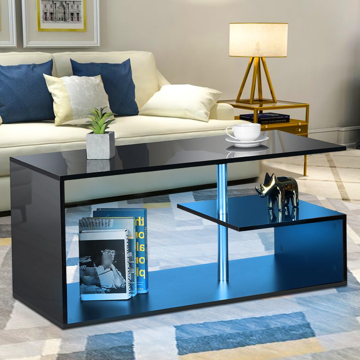HOMMPA LED Coffee Tables for Living Room Modern Black Coffee Table with 3 Tiers Open Storage Shelf High Gloss Center Table Sofa Tea Table with LED Lights for Home Office Furniture Black HOMMPA