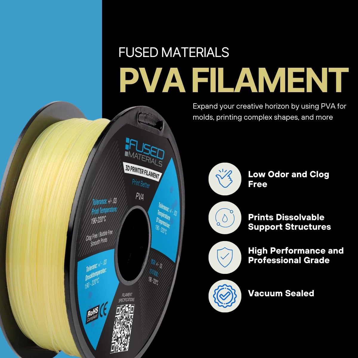 Fused Materials PVA 3D Printer Filament - Dissolvable, Water Soluble Filament for 3D Printers and 3D Pens, 1.75mm, 0.5kg FUSED MATERIALS