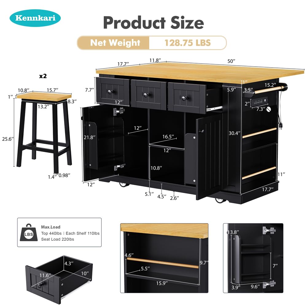 Kennkari Rolling Kitchen Island on Wheels with Drop Leaf and Seating, Wide Moblie Kitchen Island with Storage Cabinets and Power Outlet, Large Island Table with 2 Bar Stools (Type V. Black) Kennkari
