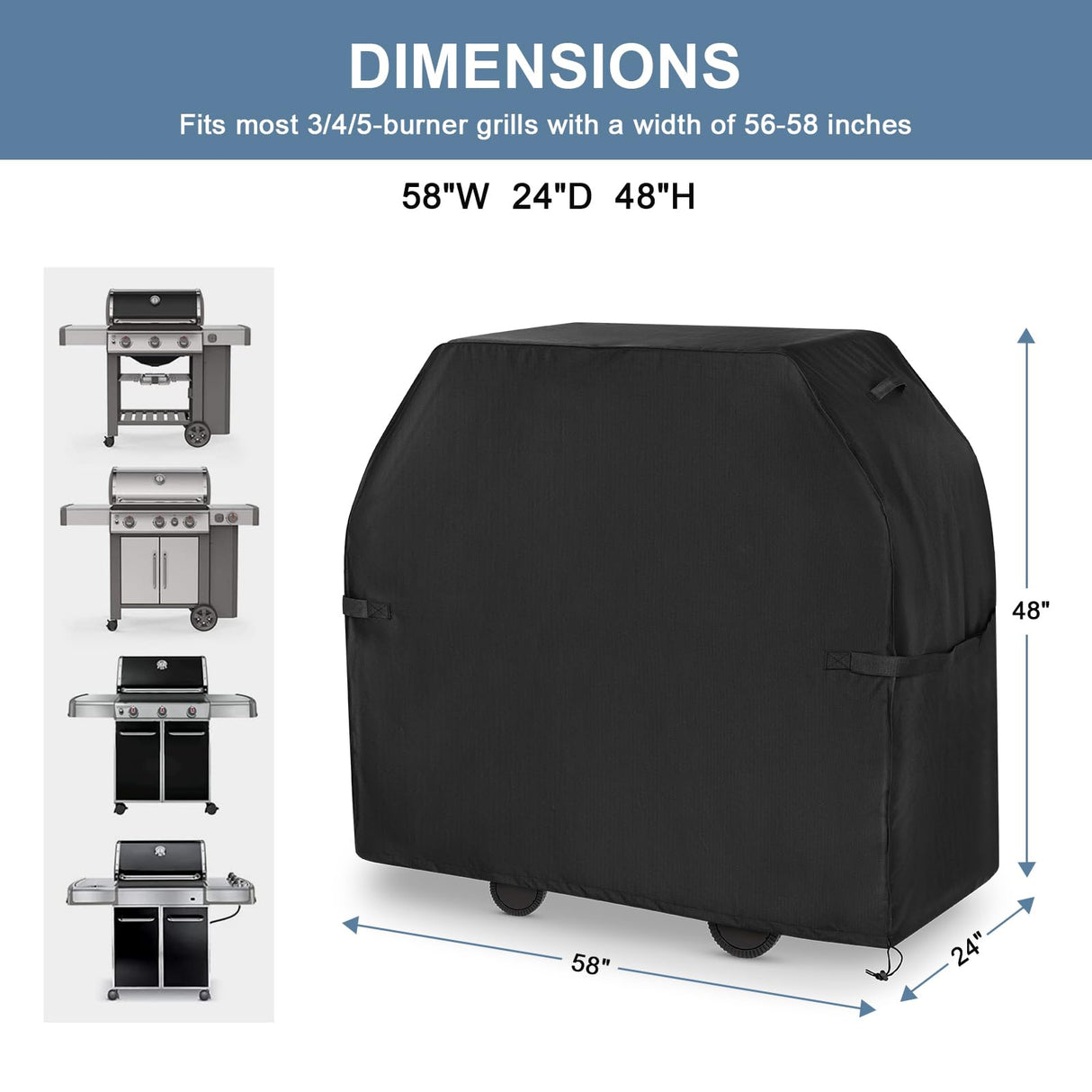 EVLIQUIL Grill Cover for Outdoor Grill,BBQ Gas Grill Cover 58 Inch,Heavy Duty Waterproof UV & Fade Resistant Barbecue Cover with Hook-and-Loop Straps & Adjustable Hem Drawstring Outside(Black). EVLIQUIL