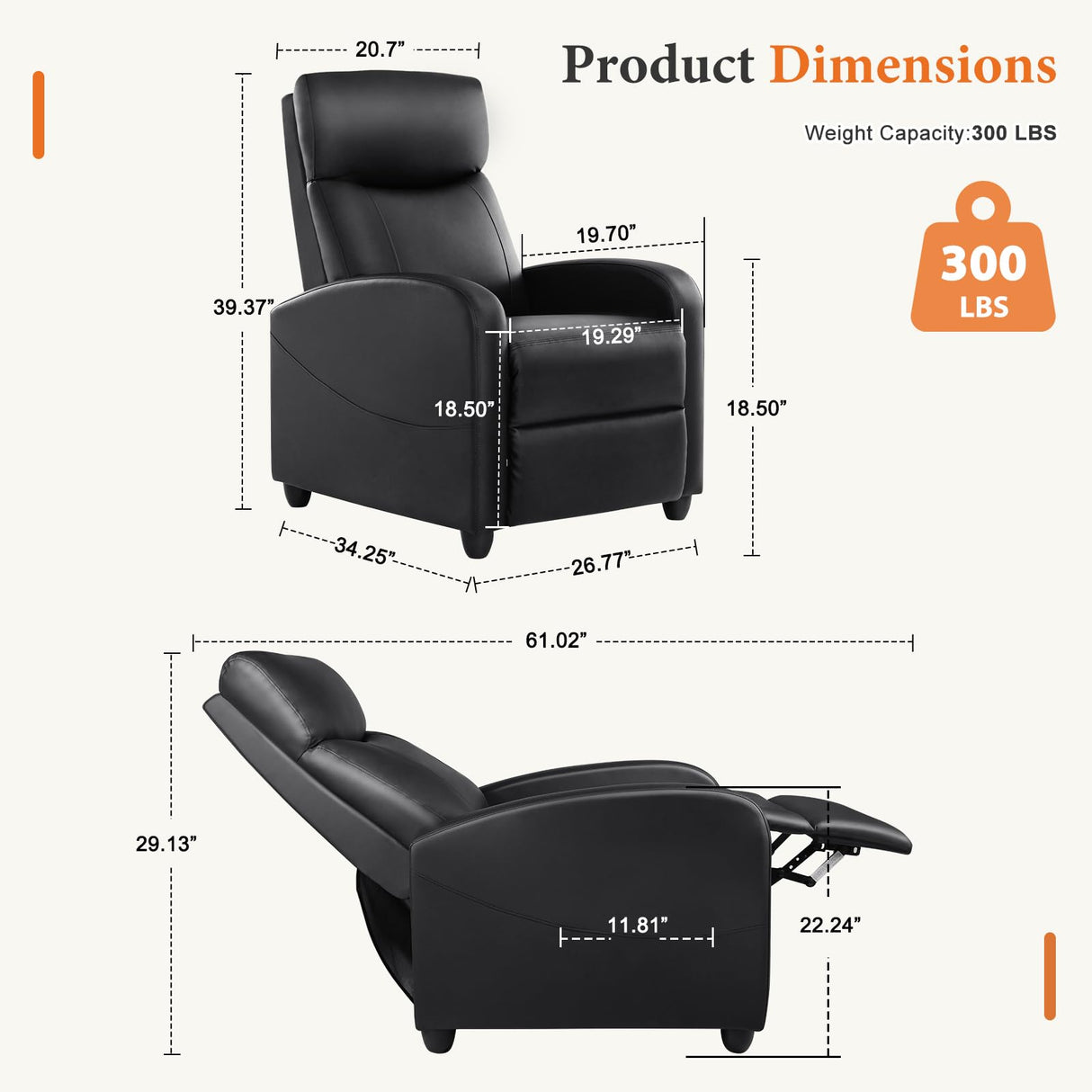 Sweetcrispy Recliner Chair PU Leather Recliner Sofa No Massage, Home Theater Seating with Lumbar Support, Adjustable Push Back Overstuffed High-Density Sponge Reclining for Living Room, Jet Black Sweetcrispy