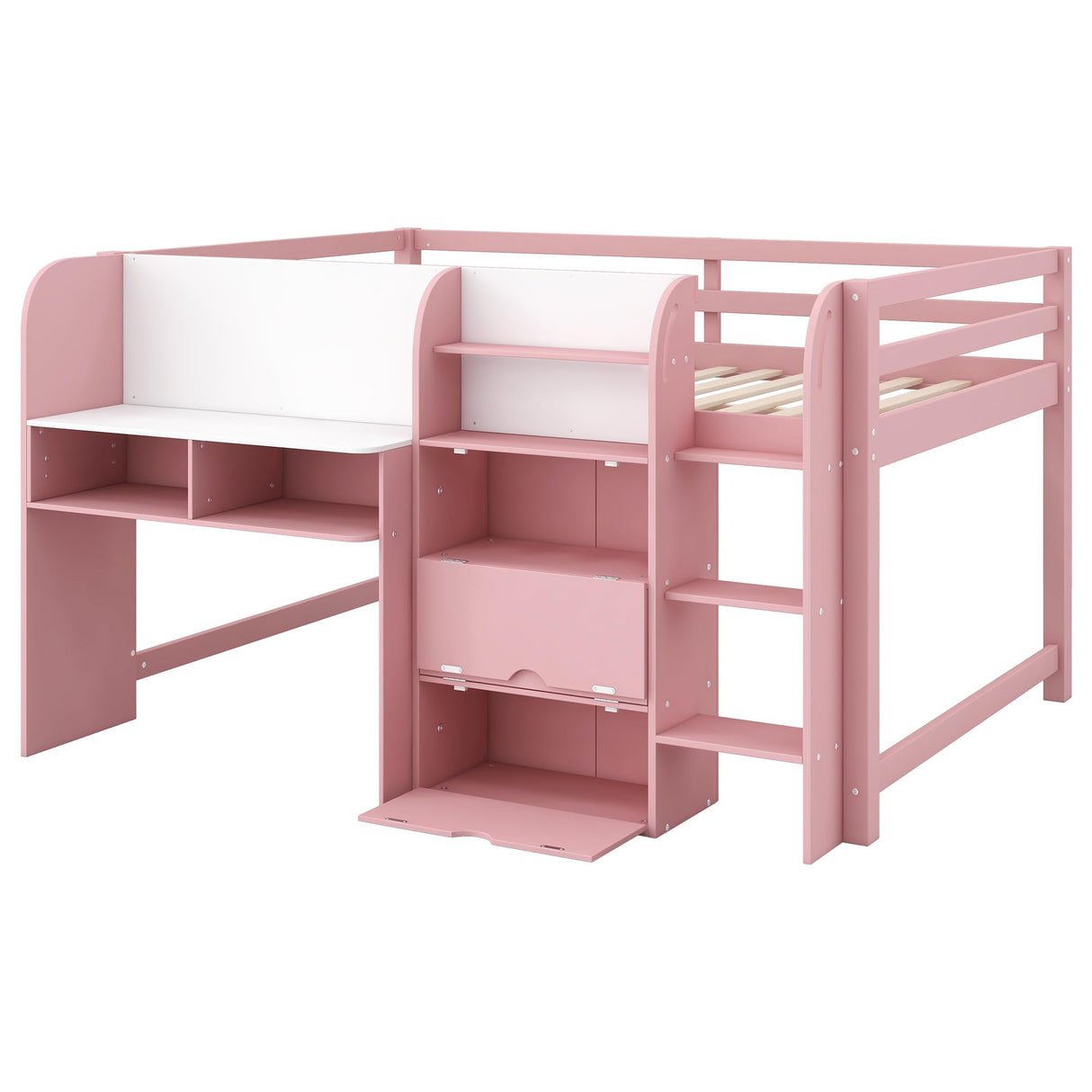Bellemave Full Size Low Loft Bed,Kids Loft Bed with Storage Cabinets and Open Bookcase,No Box Spring Need, Solid Wood Low Loft Bed Frame for Kids Boys, Girls.(Pink) Bellemave