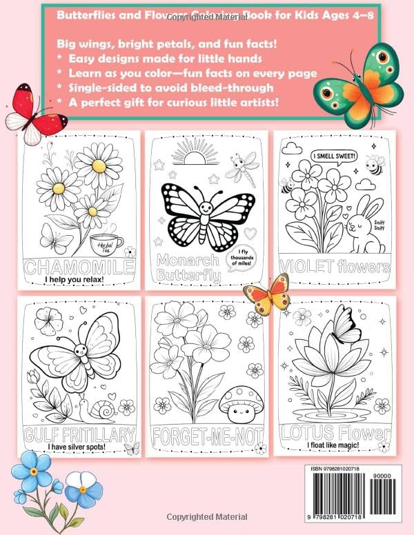Butterflies and Flowers Coloring Book for Kids Ages 4–8: A Fun Learn-as-You-Color Activity! Majosta