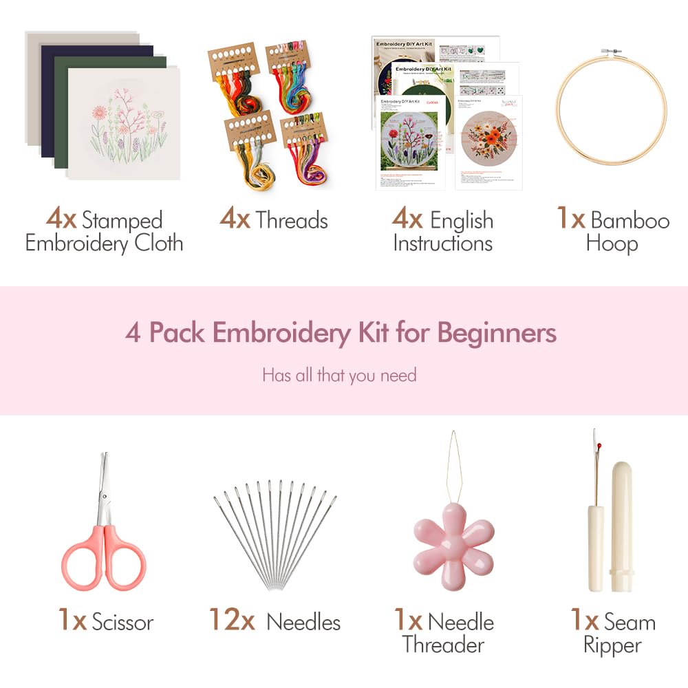4 Pack Embroidery Kit for Beginners,Adults DIY Starter Kit,Cross Stitching Kits with Flower Stamped Patterns,Hoop,Tools,Colorful Threads with Needles,Step by Step Instructions,Hand Craft Lover Gift wtisan