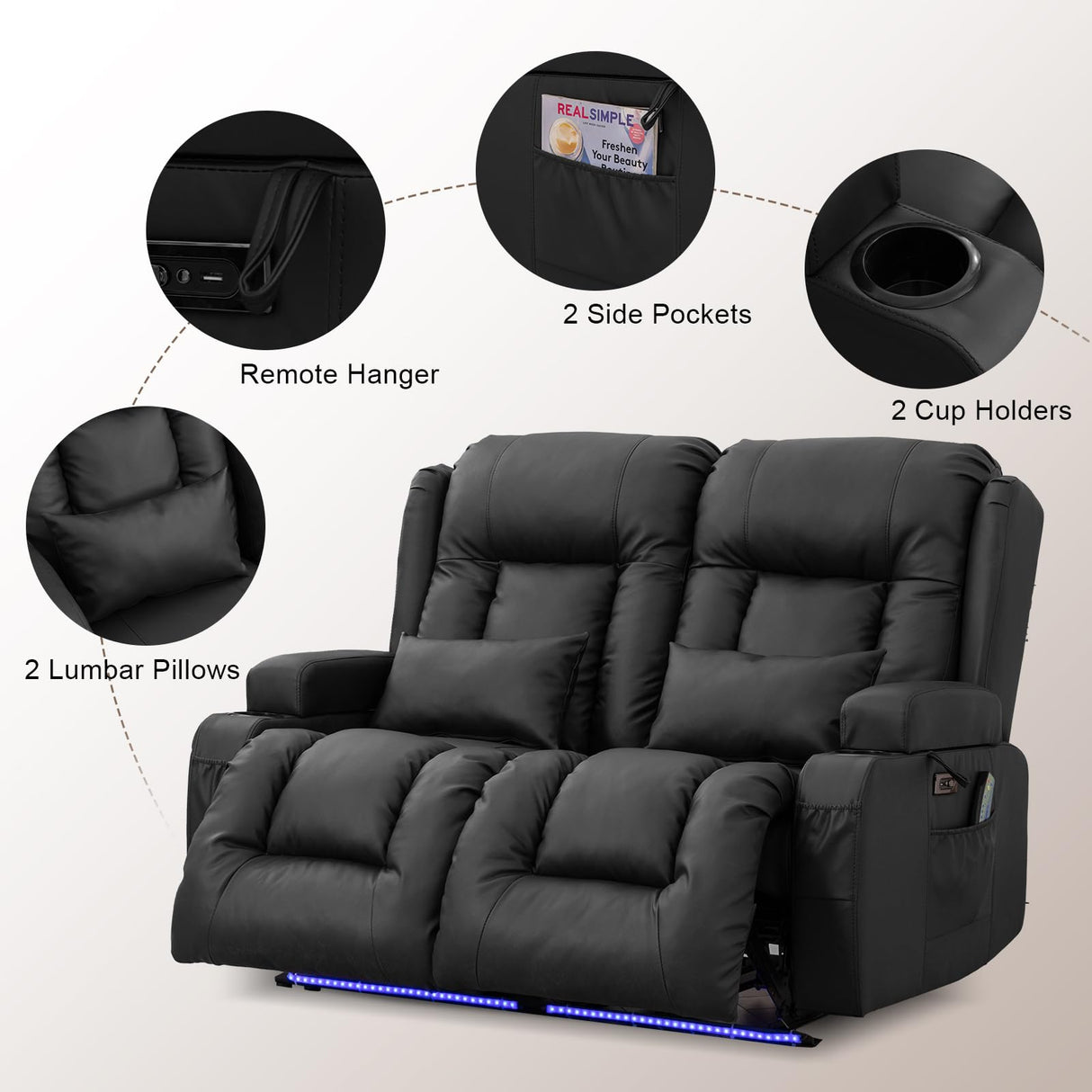 TUNYI Power Loveseat Recliner Sofa - Home Theater Seating with Massage & Heat Faux Leather RV Recliner Loveseat Sofa with USB/Cup Holder/Side Pocket/LED Light/Pillow (Black) TUNYI