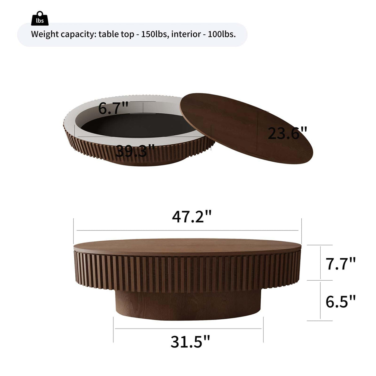 FGXJY Oval Coffee Table with Storage, Modern Walnut Coffee Table with Solid Wood Veneered, Fluted Center Table Wood Drum Tea Table for Living Room Apartment, 47.2''L×23.6''W×14.2''H FGXJY