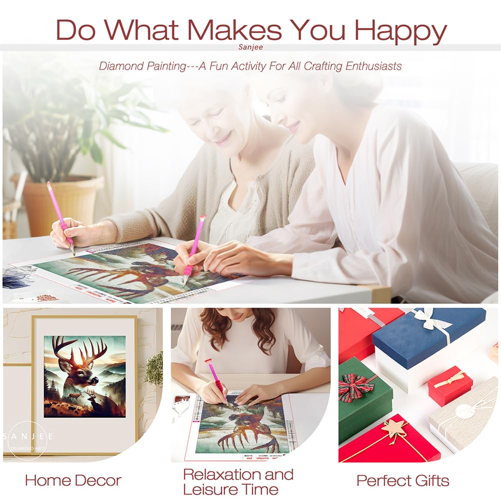 Sanjee Deer Diamond Art Kits for Adults, Landscapes Diamond Painting Kits for Beginner, 5D DIY Round Full Drill Gem Art Crafts for Home Wall Decor Gift, 12x12inch Sanjee