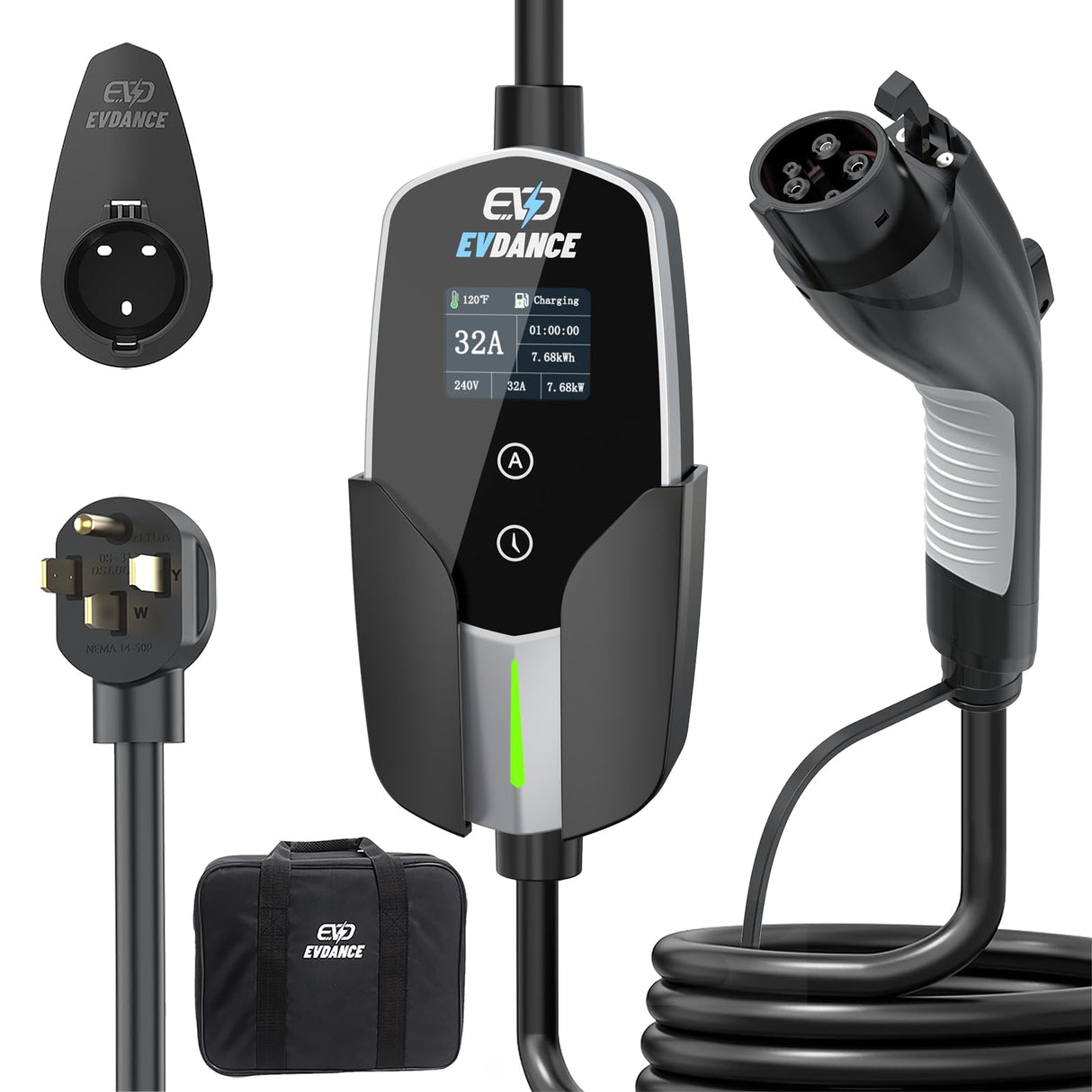 EVDANCE Level 2 EV Charger - Portable 32A EV Charger NEMA 14-50 with 25ft Cable, Adjustable Current/Delay Charging for Electric Car Charger EVDANCE
