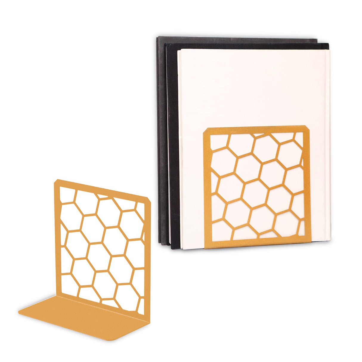 Premium Geometric Gold Honeycomb Bookends for Shelves, Metal Book Ends for Office, L-Shaped Book Stopper, Rustproof Bookends Decorative Unique for Home, 6.25 (L) x 6 (W) inches, 1 Pair - Geomod GEOMOD