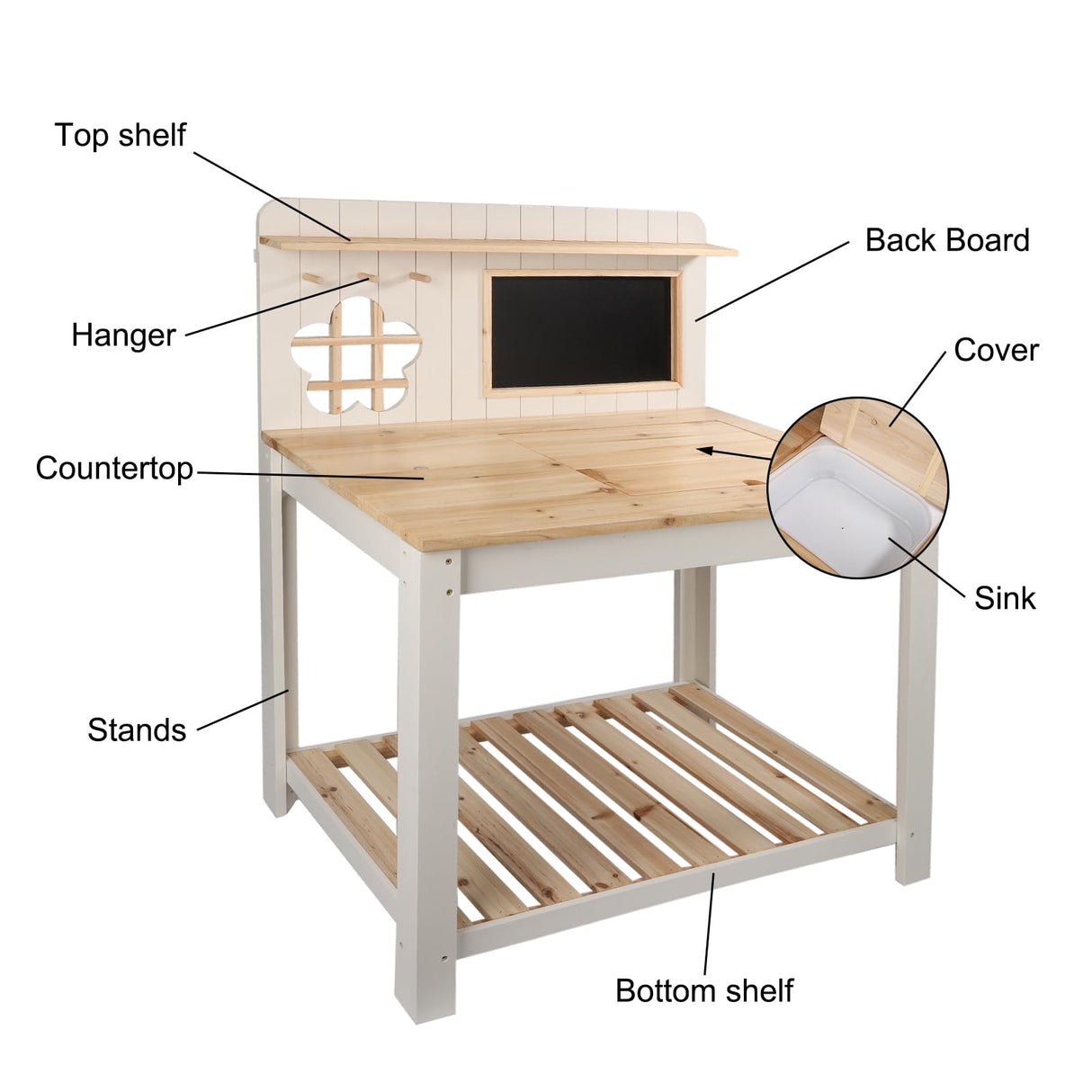 GROWRKS Potting Bench Outdoor Potting Table—All-Weather Kids Solid Wood Garden Work Station with Sink、Drawing Board、Shelves, Weather Proof(Natural, Large) GROWRKS