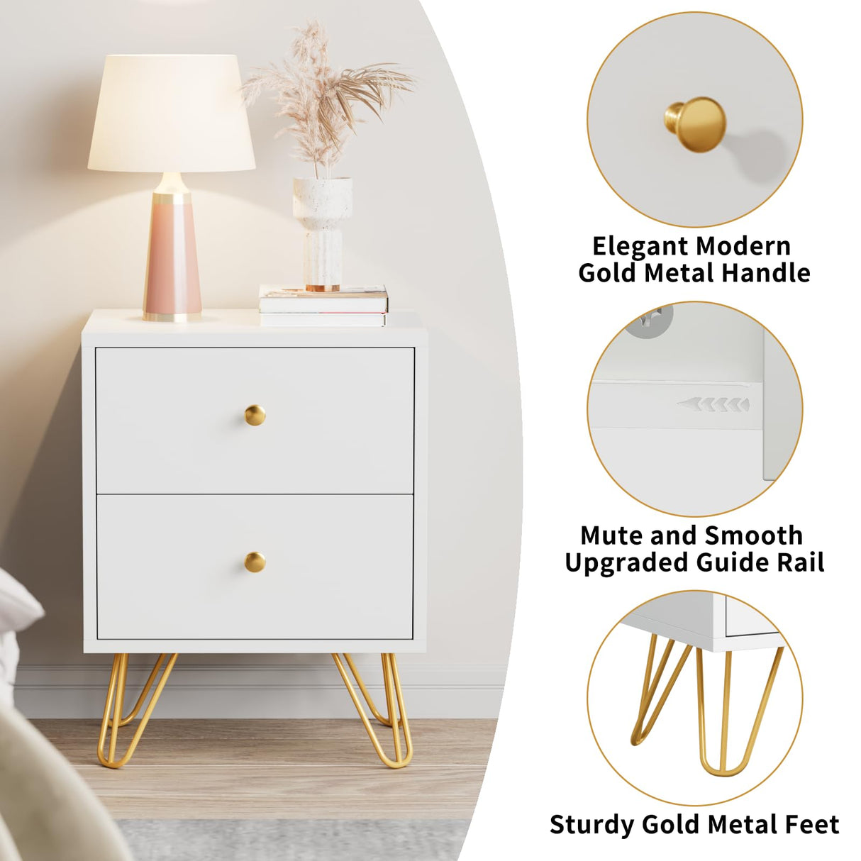 CARPETNAL White Nightstand Set of 2, End Side Table Double, Bedside Table with 2 Drawers, Dual Night Stand Metal Legs for Bedroom Living Room CARPETNAL