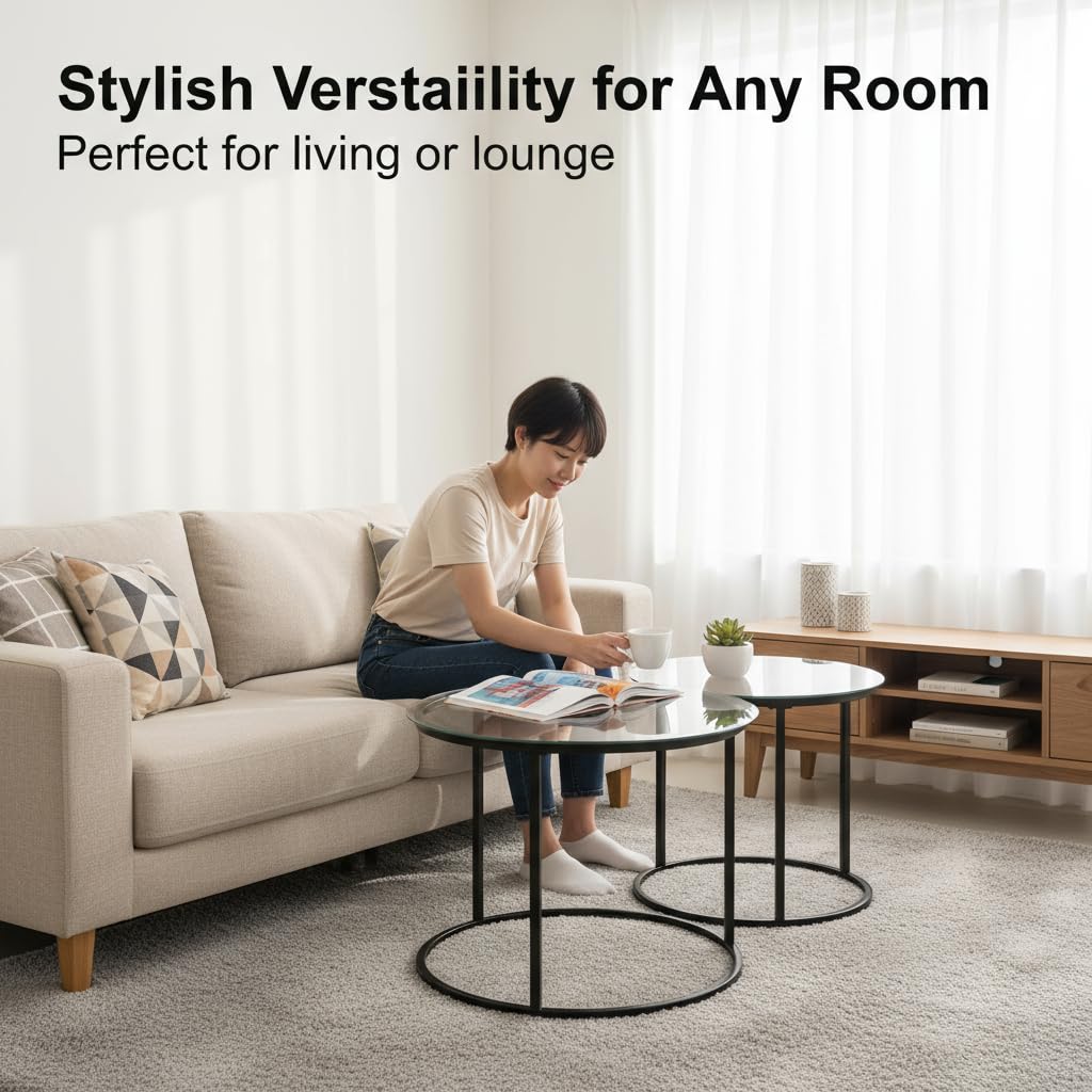 Round Nesting Coffee Table Set of 2, Modern Glass Nesting Tables, Stacking Minimalist End Table for Living Room Bedroom Small Space, Clear Tempered Glass and Black Cuizehua