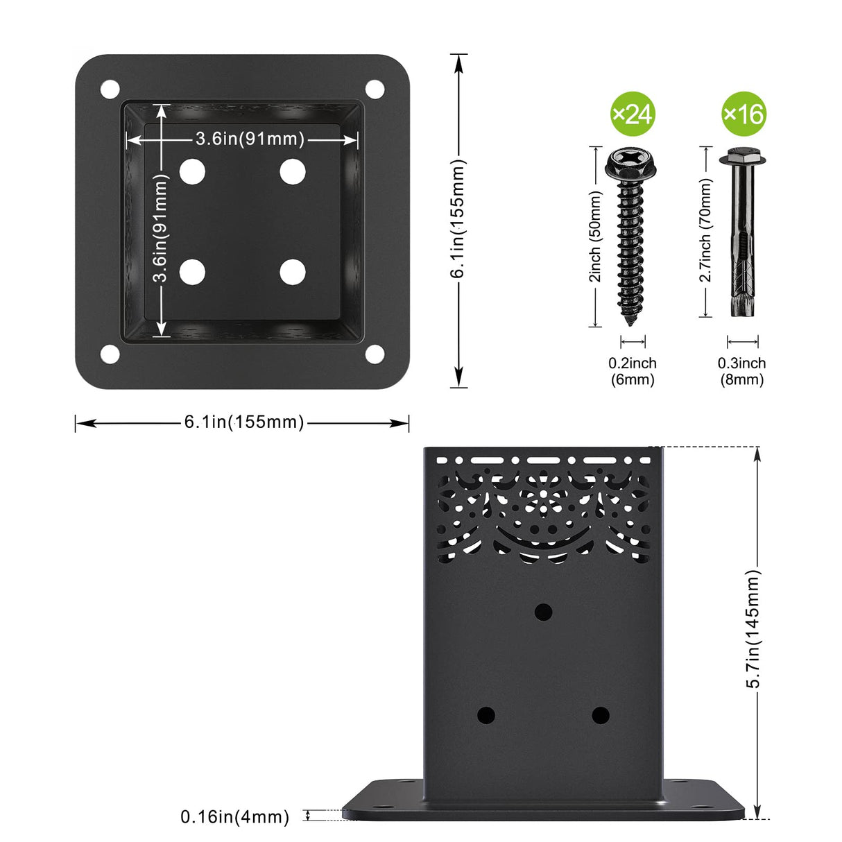 Insaga Decorative 4x4 Post Base for Concrete, 4x4 Post Bracket with 4MM Thickness Base, Deck Post Brackets 4x4 (Inner Size 3.6'' x 3.6'') for Deck Post Base, Porch Railing Post Holder (Set of 4) Insaga
