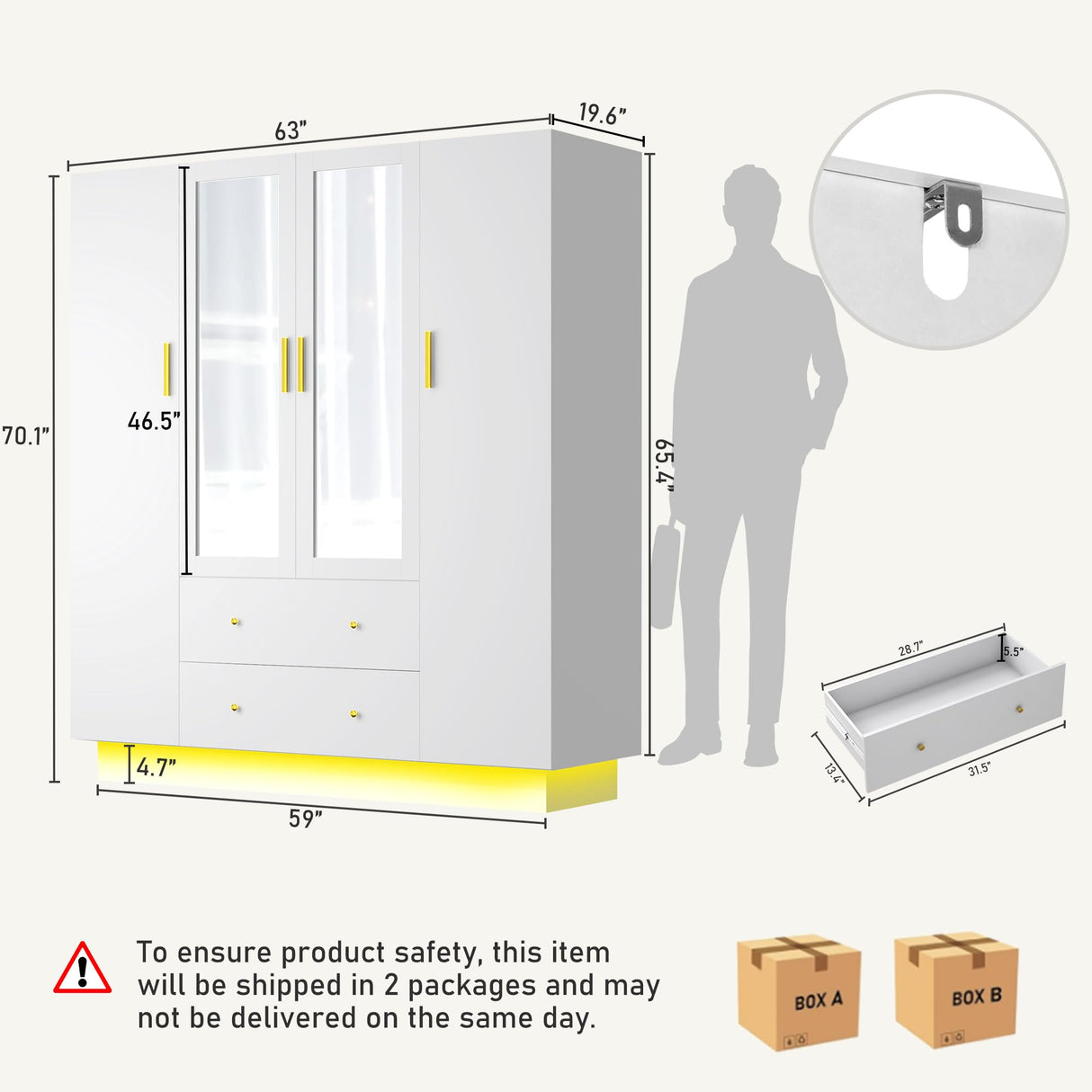 4 Doors Armoire Wardrobe Closet with Mirror, LED Armoire with Doors and Drawers, Wooden Wardrobe Storage Cabinet with Hanging Rod, Adjustable Shelves, White chartustriable