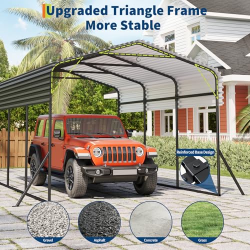 GarveeTech Metal Carport, 10x15 FT Outdoor Carport Canopy with Reinforced Base and Galvanized Steel Roof, Heavy Duty Garage Car Shelter Shade for SUV, Truck, Boats GarveeTech