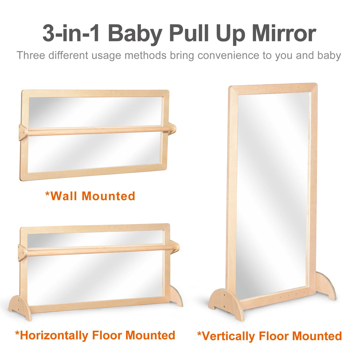 KRAND 3-Position Montessori Wood Frame Non-Shatter Safety Pull Up Bar Baby Big Mirror Set, Infant Coordination Mirror, Kids Classroom Furniture for Daycare, Homeschool or Preschool KRAND