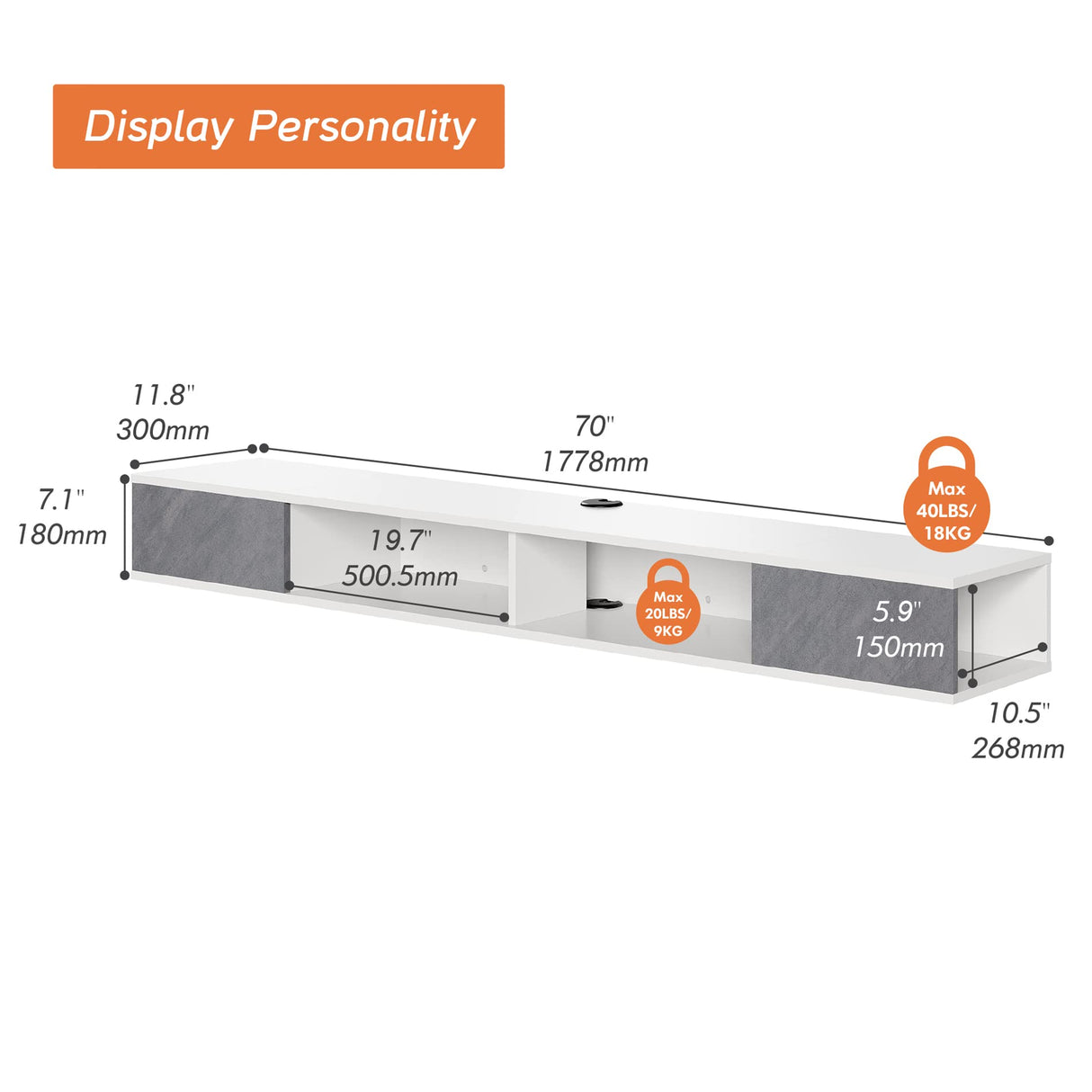 WAMPAT Floating 70 inch TV Stand with Blue LED Lights, Entertainment Center Media Console, Wall Mounted Shelf Media Console Cabinet with Storage for 65/70/75 inch TVs, White&Grey WAMPAT