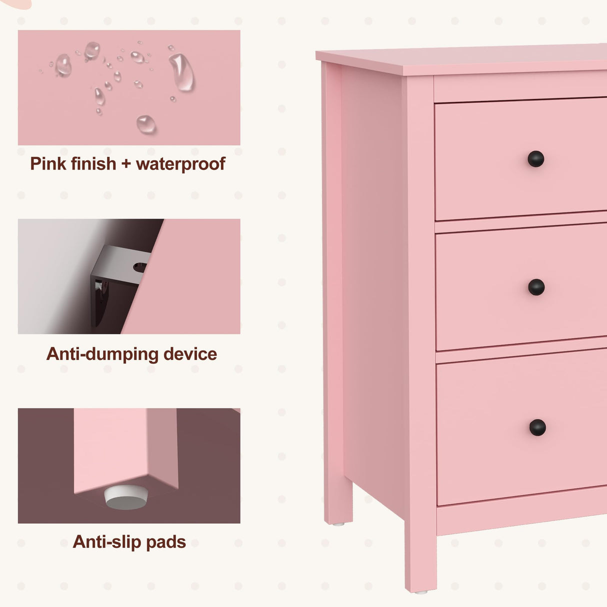 FansaFurn 3 Drawer Dresser with Soft-Close Drawers, Wood Nightstand Cabinet with 3 Spacious Drawers, Chest of Drawers, Modern Wood Dresser, Ideal for Bedroom, Living Room, Entryway, Hallway, Pink FansaFurn
