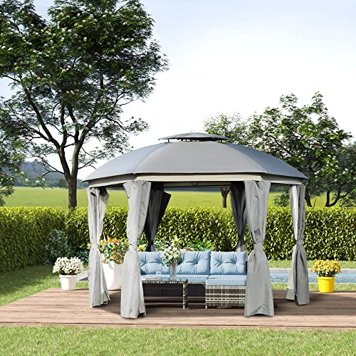 Outsunny 12' x 12' Round Outdoor Gazebo, Patio Dome Gazebo Canopy Shelter with Double Roof, Netting Sidewalls and Curtains, Zippered Doors, Strong Outsunny
