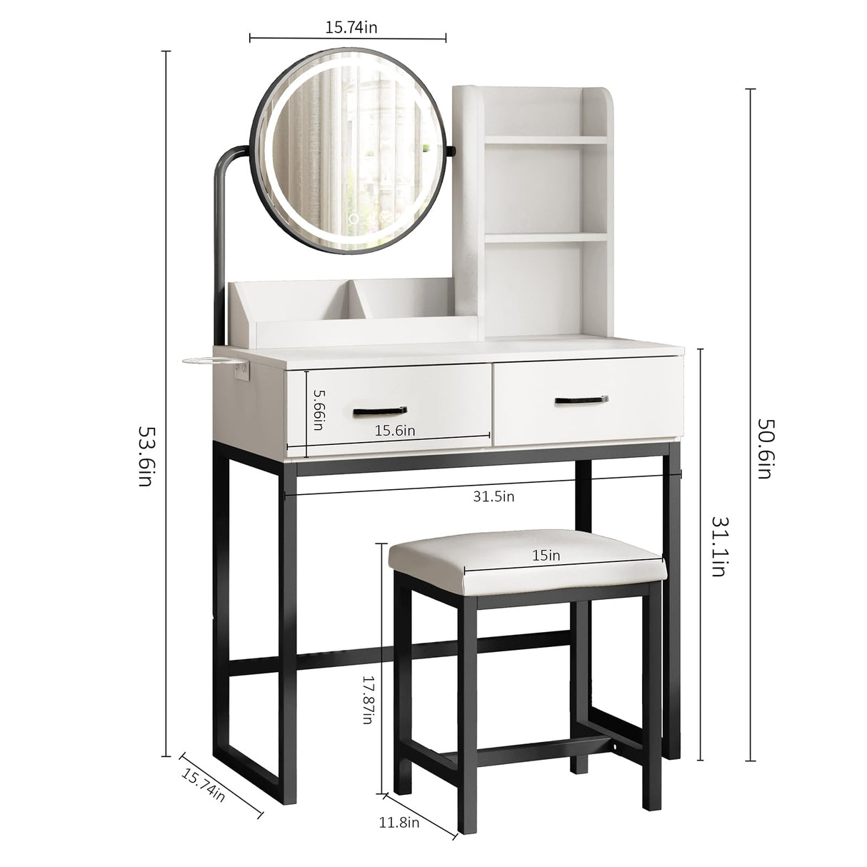 Makeup Vanity Desk with Mirror and Lights, Cute Vanity Makeup Table, Small Vanity Table for Bedroom with Lots Storage, 3 Lighting Modes, 31.5in(L)… Vabches