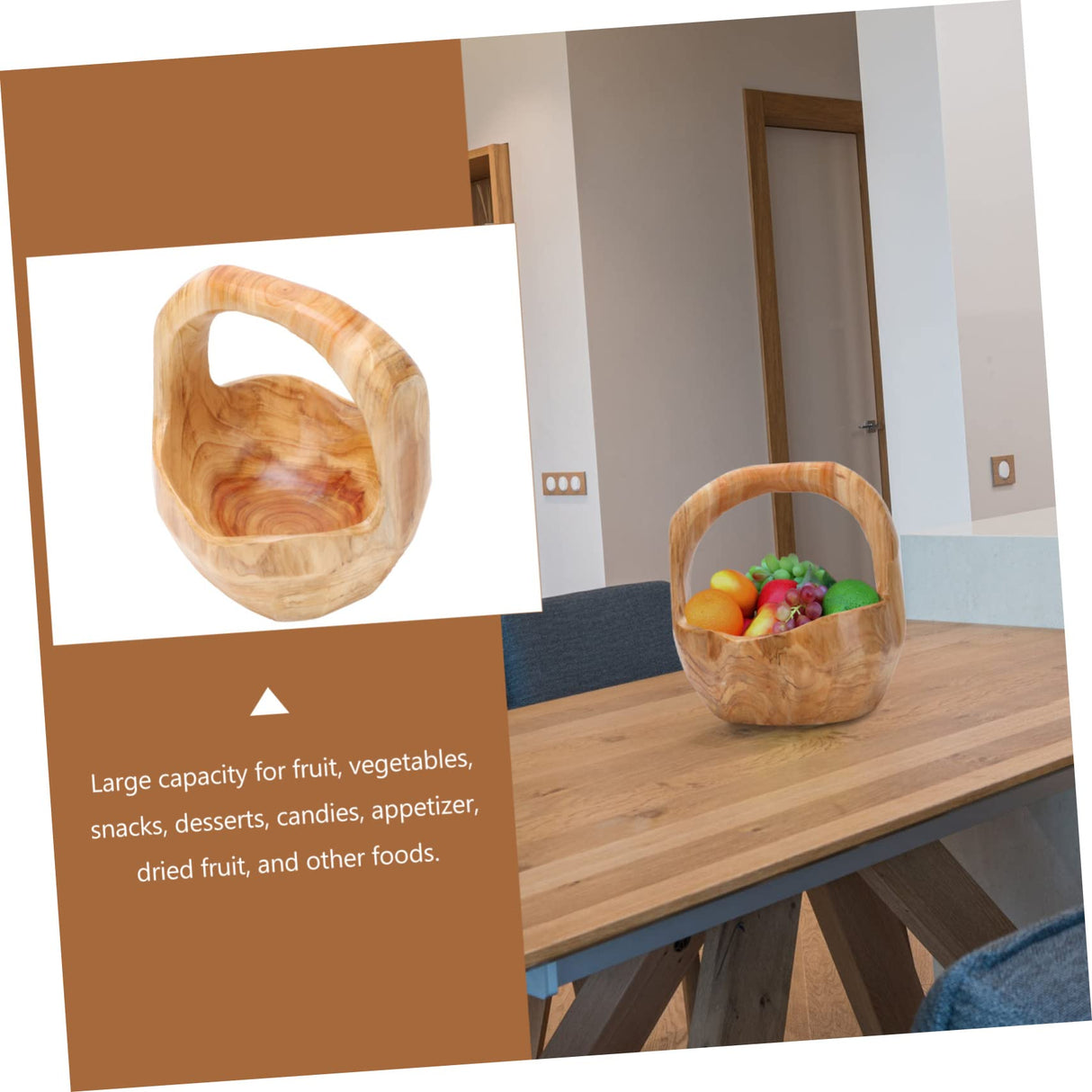 SHOWERORO 1pc Solid Wood Root Carving Fruit Basket Wood Fruit Basket with Handle Cupcake Basket Wooden Decorative Storage Basket Snack Container SHOWERORO