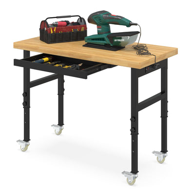 Wanmwill 48"x24" Solid Wood & Heavy-Duty Work Bench Workbench, Adjustable Height Work Table with Wheels, Power Outlets and Drawer, 2000 LBS Capacity Workstation Work Benches for Garage, Workshop