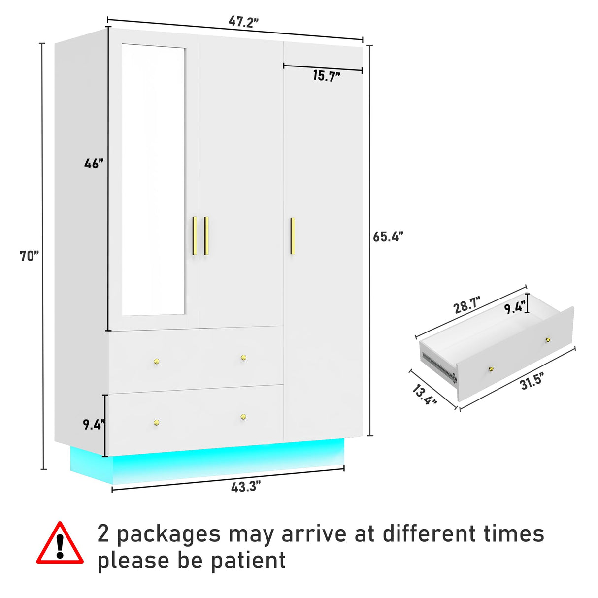 Hlivelood 3 Door Armoire Wardrobe Closet Cabinet with Mirror and LED Light, 2 Drawers, 3 Doors, Hanging Rod, Large Capacity Storage Wardrobe Armoire for Bedroom, White Hlivelood