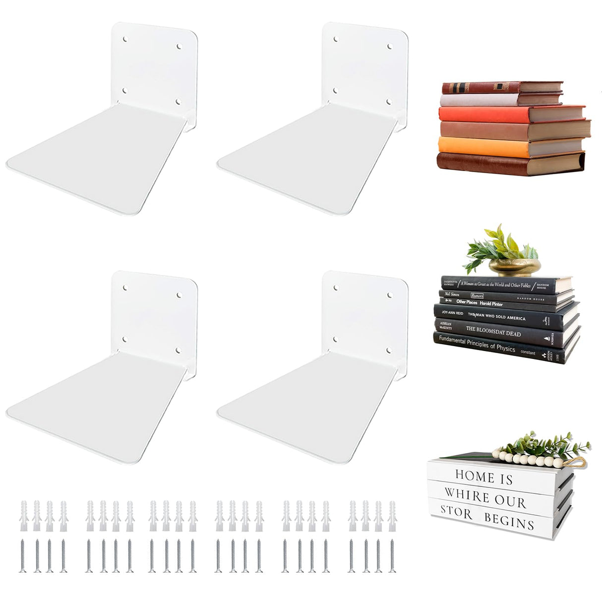 Atsgke Invisible Floating Bookshelf - Modern White Wall Mount Metal Shelves for Room, Bedroom Bookcase, Small Bookshelf with Minimalist Design, Sleek Storage for Books & Decoratives(4PCS) Atsgke
