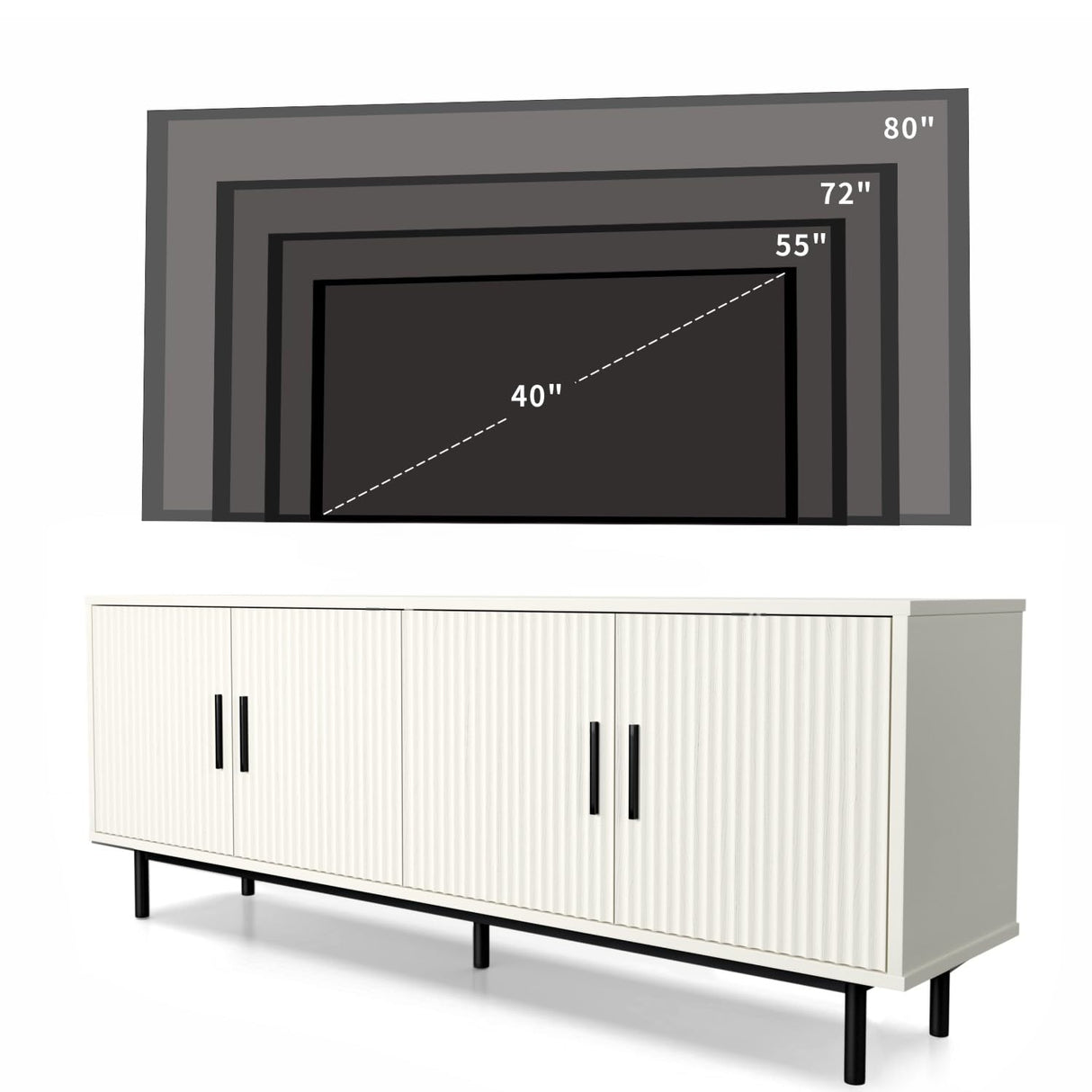 MUUEGM 70" Fluted TV Stand, Mid Century Modern Television Stands for Living Room, Wood TV Console for Televisions Up to 80 Inches, Entertainment Center with Storage, Adjustable Shelf, White TV Stands MUUEGM