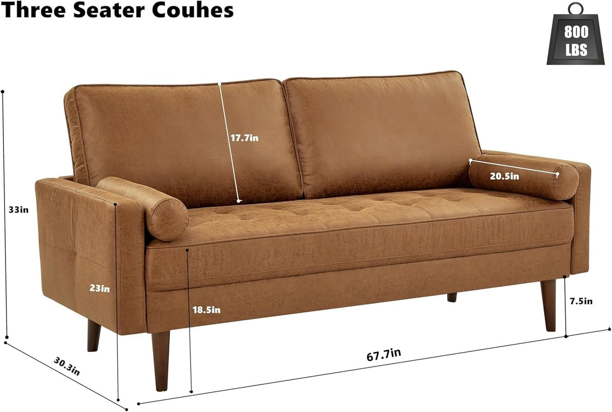 HIFIT Sectional Couches Set for Living Room, 68'' Mid Century Modern Faux Leather Sofa Couch w/Tufted Deep Love Seat & 2 Pillow, Home Sofa Living Room Small Couch for Bedroom, Office, Apartment, Brown HIFIT