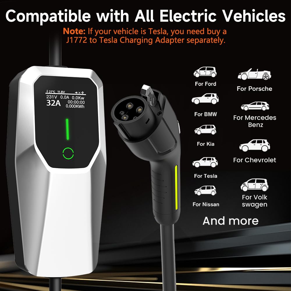 Level 1 2 Electric Vehicle Charger 26ft EV Portable Charging Cable with NEMA 14-50/5-15 Plug 7.68Kw 32A Current Adjustable EV & Plug-in Hybrid Car Charger for SAE_J1772 EagleNav