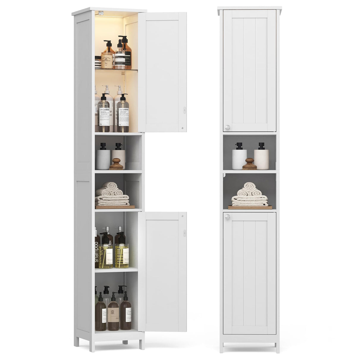 VASAGLE Tall Bathroom Cabinet with Lights, Slim Freestanding Bathroom Storage Cabinet, with Adjustable Shelves, Narrow for Small Spaces, Modern, 11.8 Inches Wide, Cloud White UBBC566W02 VASAGLE