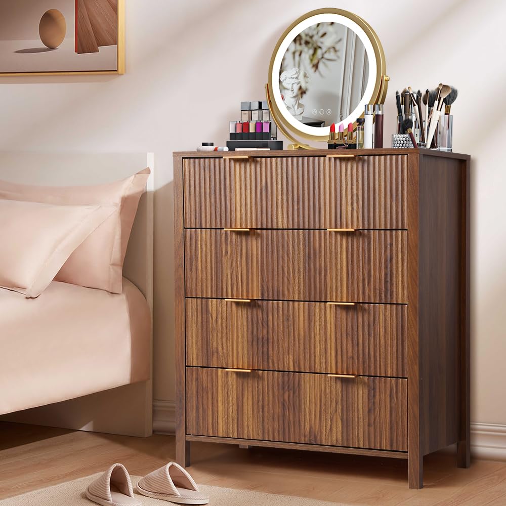 affeivul Mid Century Modern Dresser, 4 Drawer Dresser for Bedroom Wood, Farmhouse Wooden Storage Cabinet Side Table with Solid Wood Legs, Tall Skinny Dresser for Closet, Living Room (Walnut) affeivul